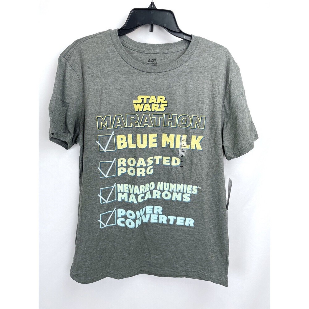 Disney Star‎ Wars Marathon Men MEDIUM Gray Blue Milk Porg Short Sleeved Shirt